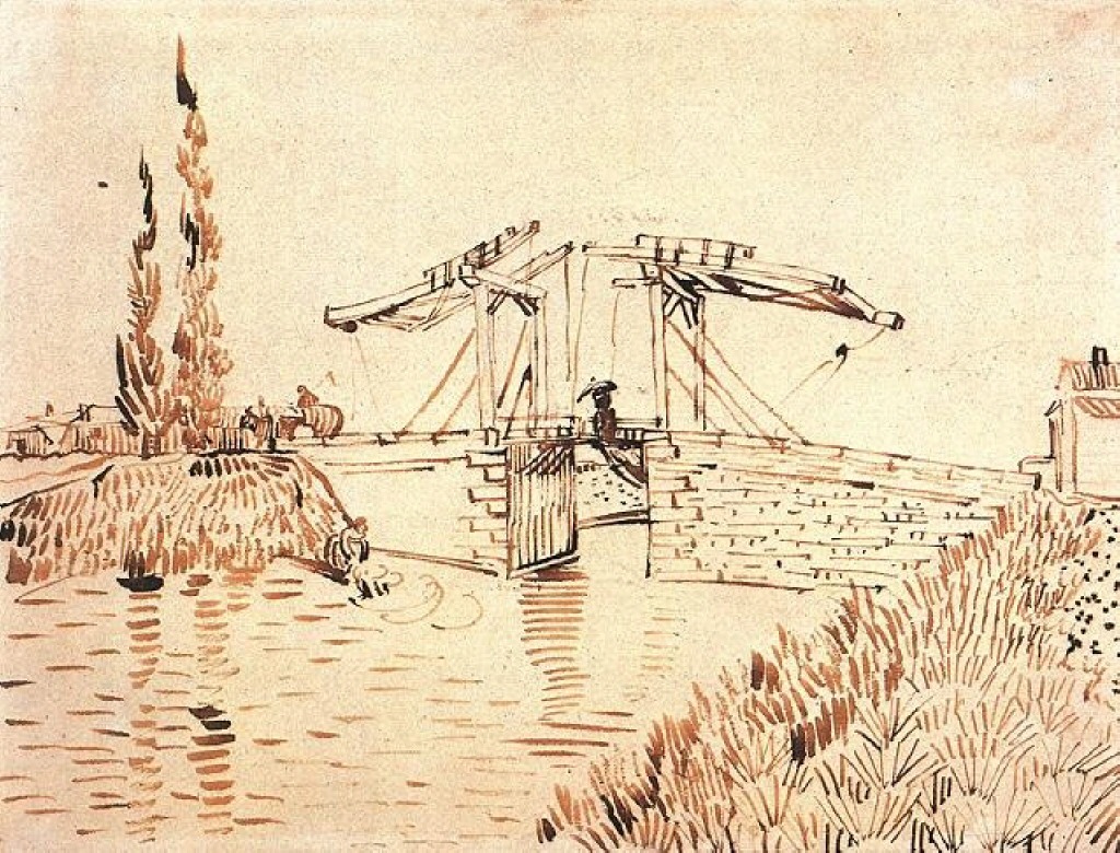Drawbridge with Lady with Parasol (1888) Vincent van Gogh tablo - Dekolata