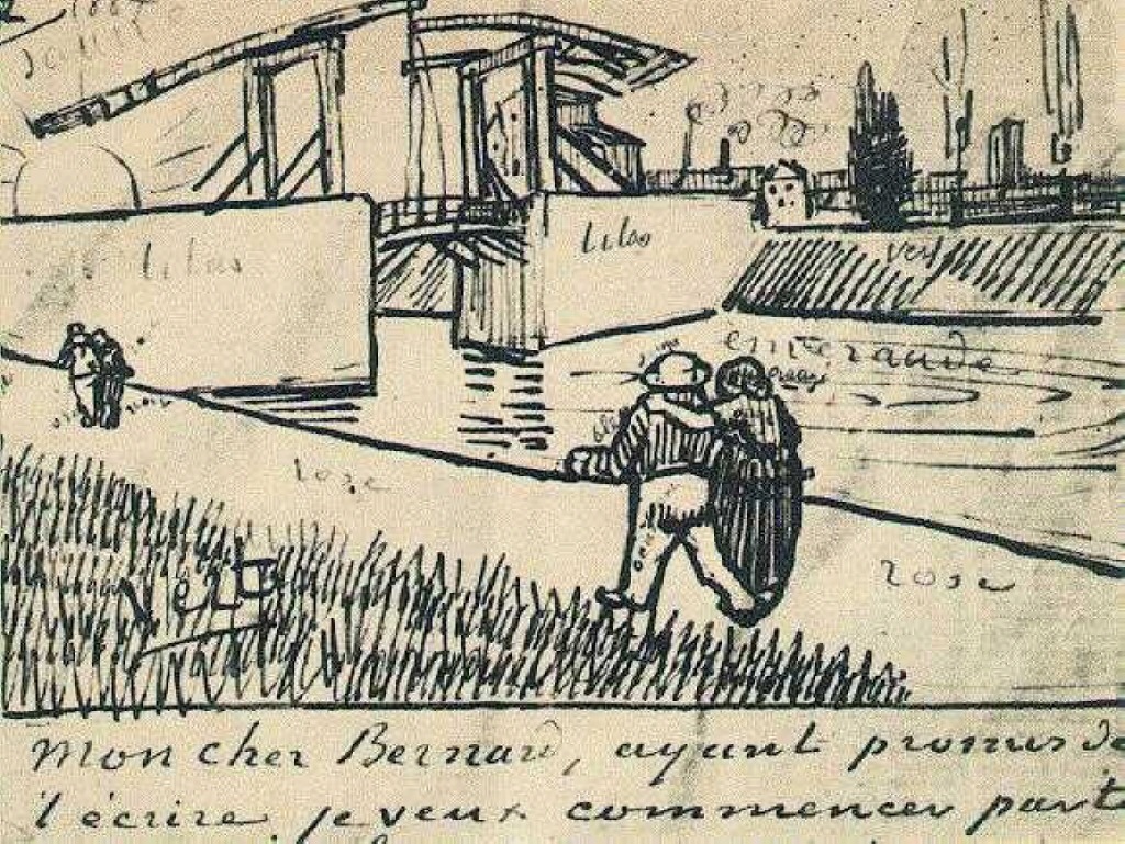 Drawbridge with Walking Couple (1888) Vincent van Gogh tablo - Dekolata