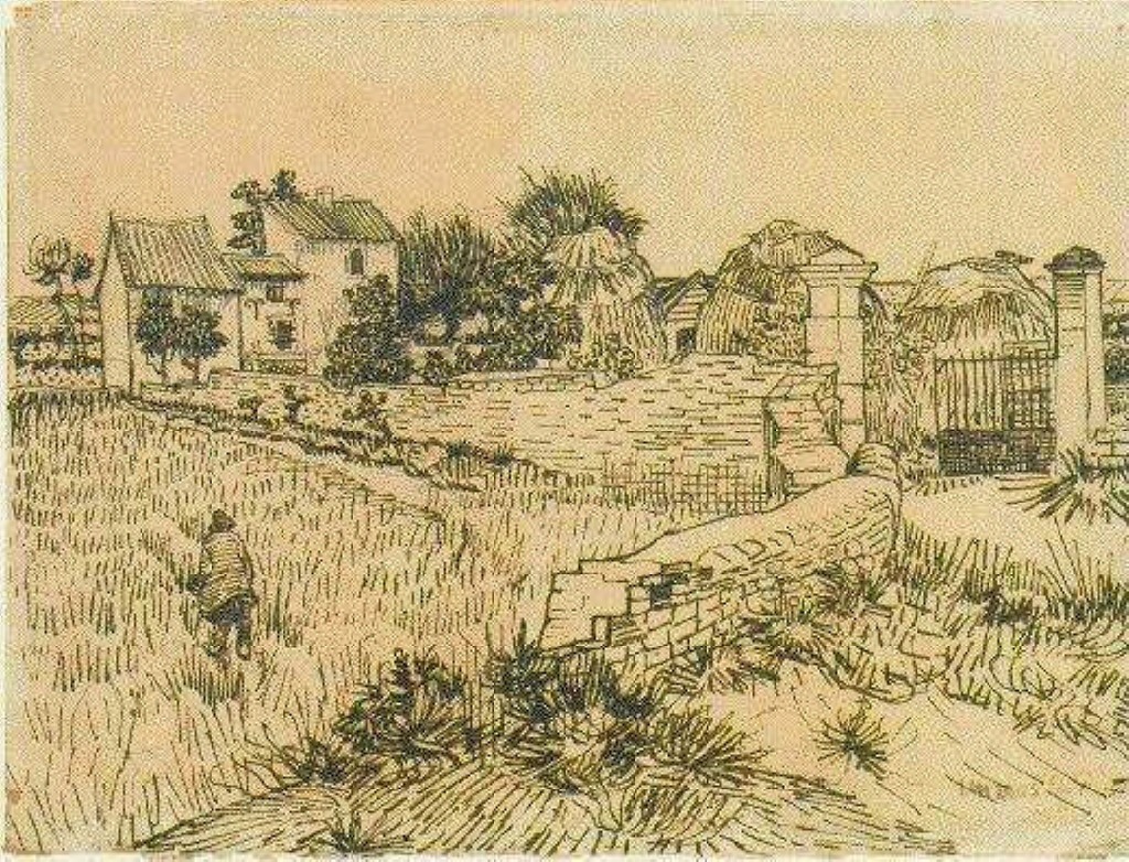 Entrance Gate to a Farm with Haystacks (1888) Vincent van Gogh tablo - Dekolata