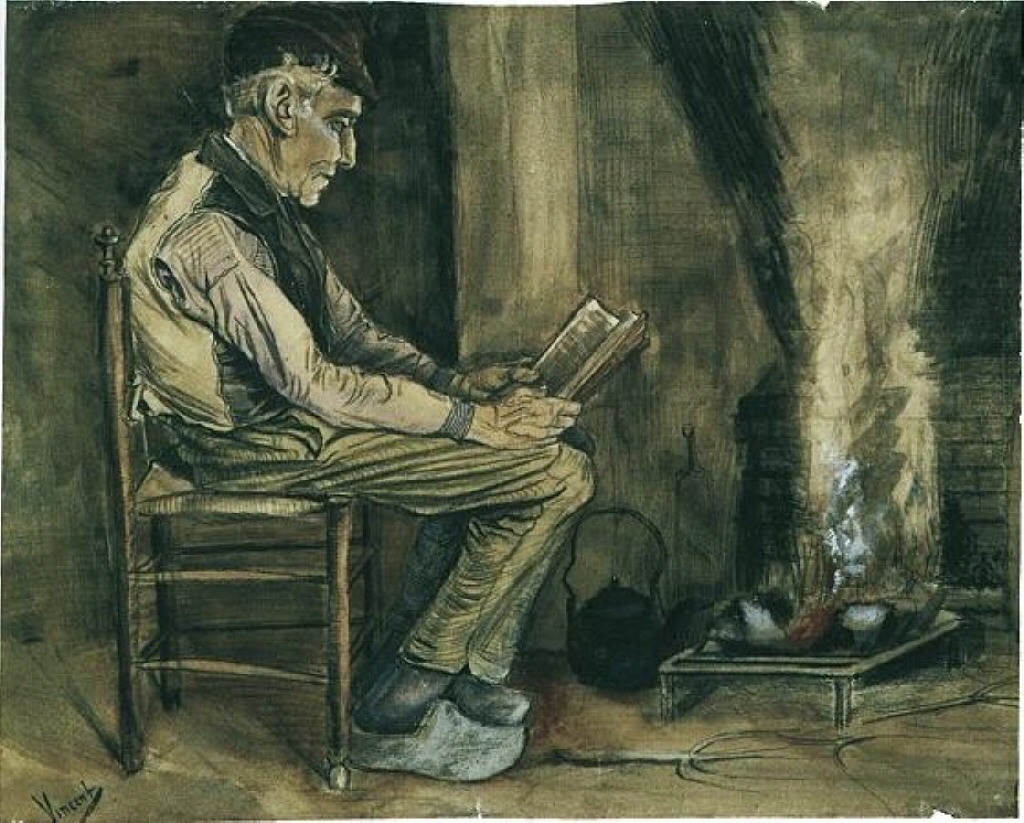 Farmer sitting at the fireside and reading (1881) Vincent van Gogh tablo - Dekolata