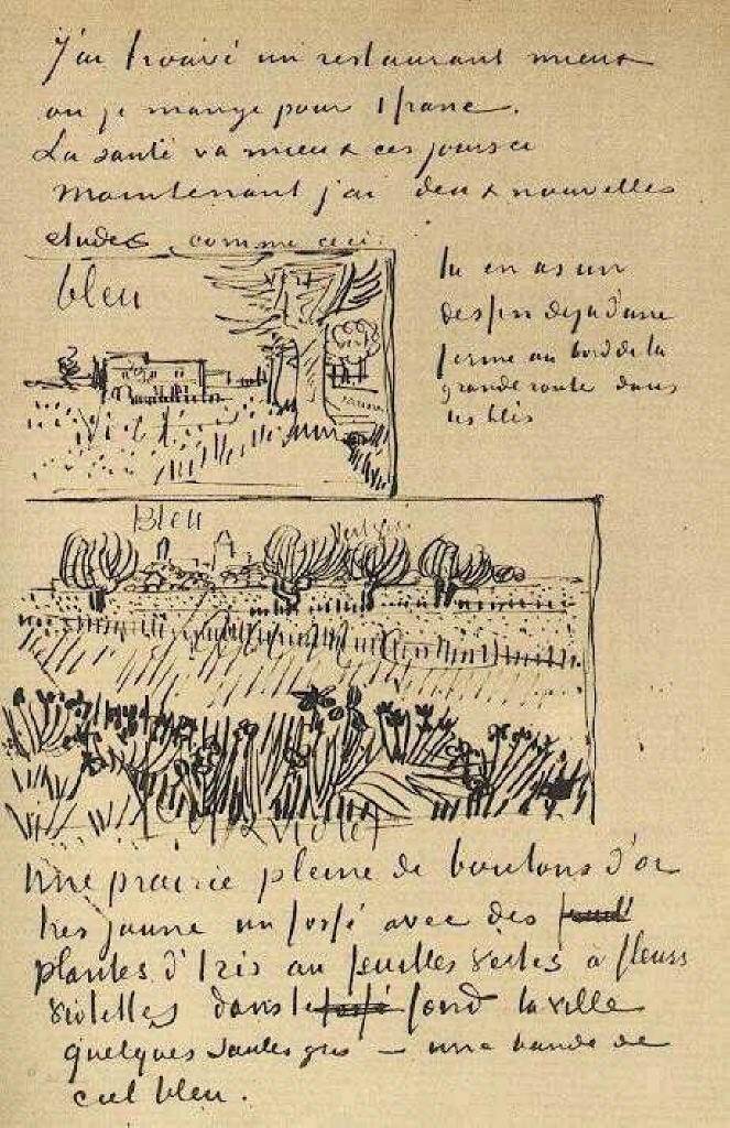 Farmhouse with Wheat Field along a Road and Field with Flowers (1888) Vincent van Gogh tablo - Dekolata