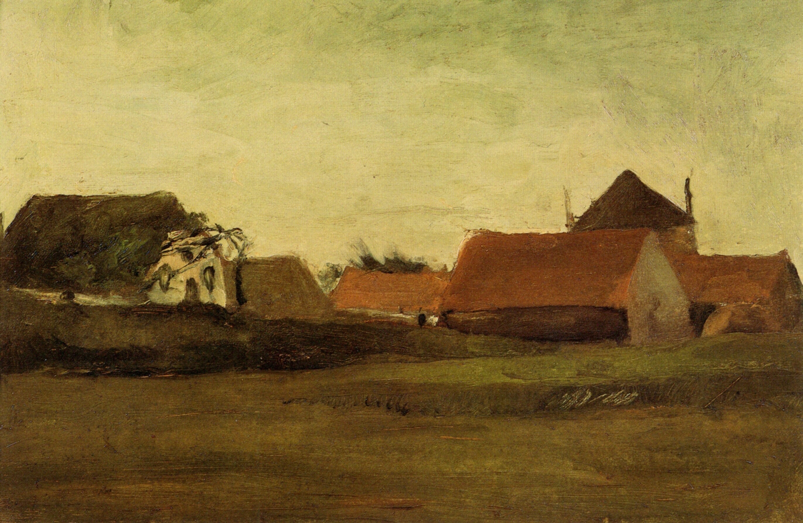 Farmhouses in Loosduinen near The Hague at Twilight (1883) – Vincent van Gogh Tablo