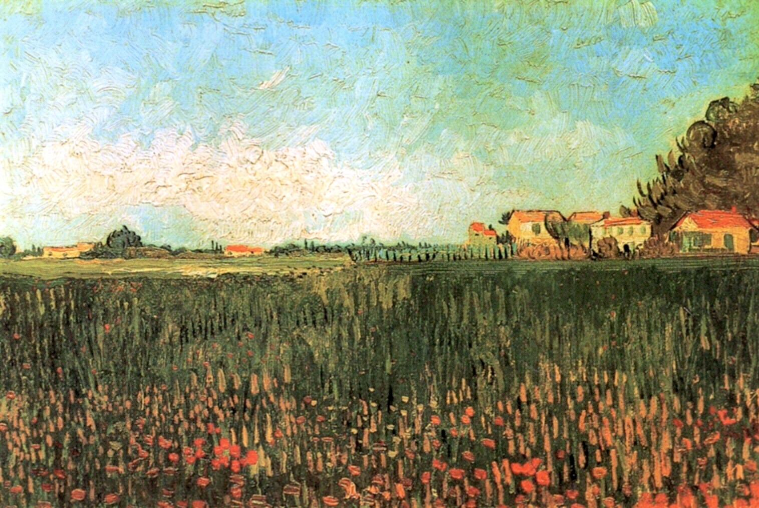 Farmhouses in a Wheat Field Near Arles (1888) Vincent van Gogh tablo - Dekolata