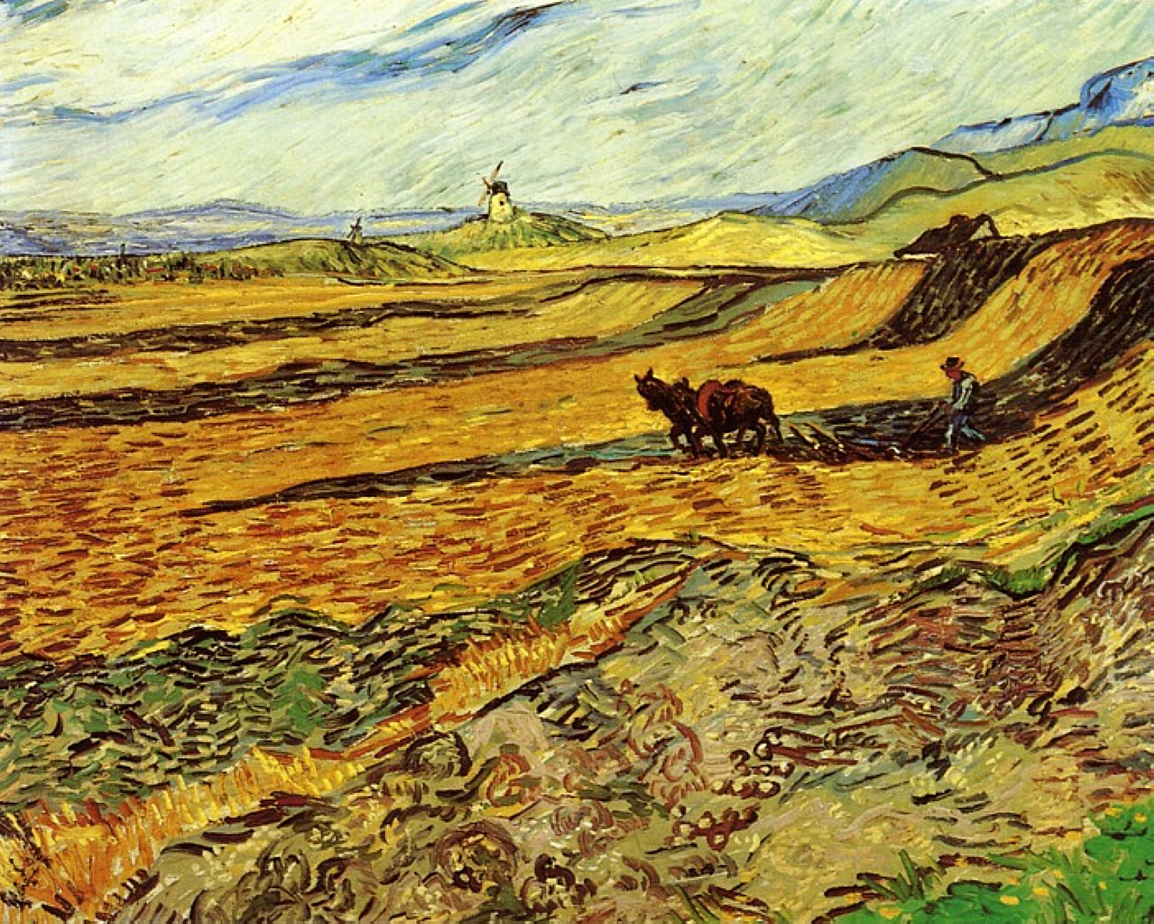Field and Ploughman and Mill (1889) Vincent van Gogh tablo - Dekolata