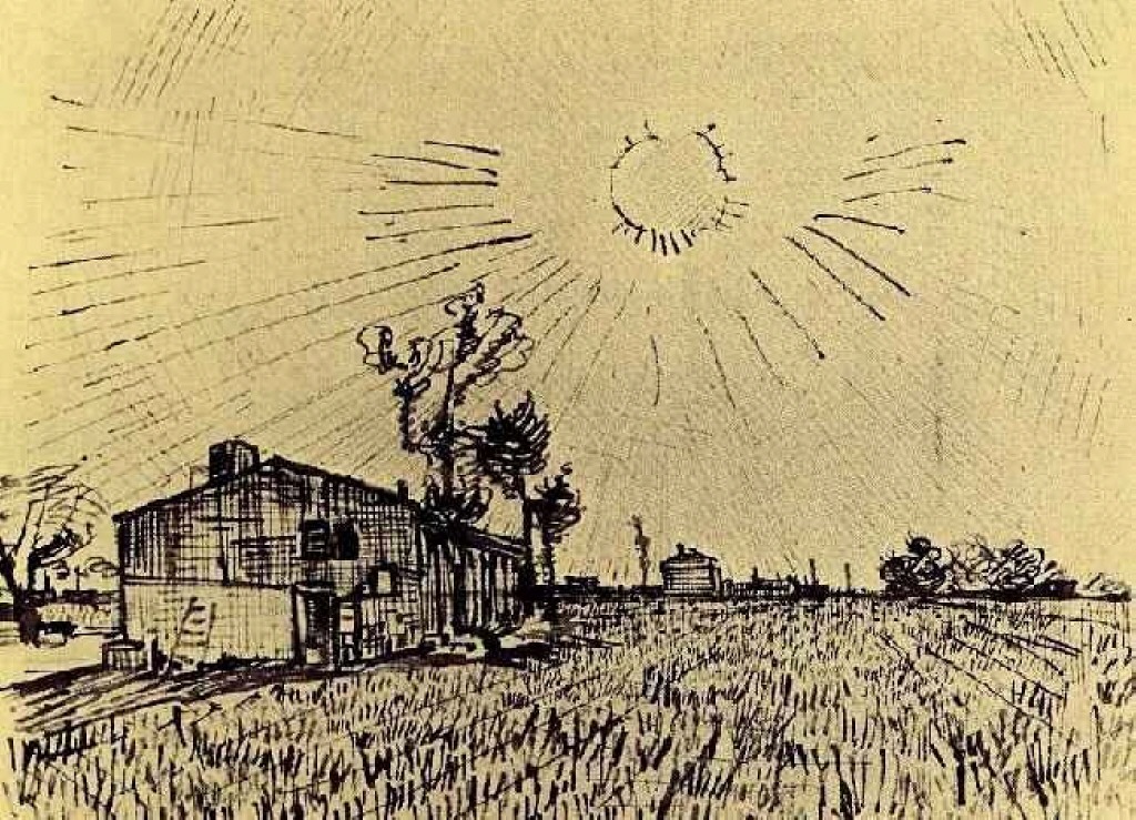 Field with Houses under a Sky with Sun Disk (1888) Vincent van Gogh tablo - Dekolata