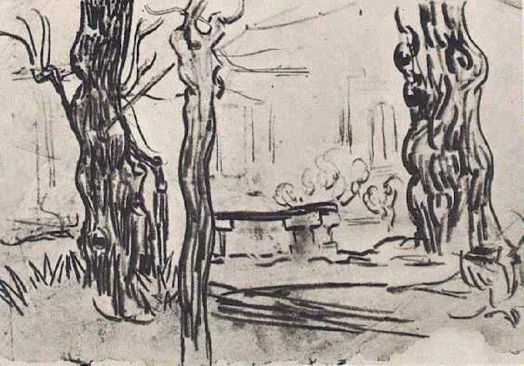 Garden of the Asylum and Tree Trunks and a Stone Bench (1889) – Vincent van Gogh Tablo