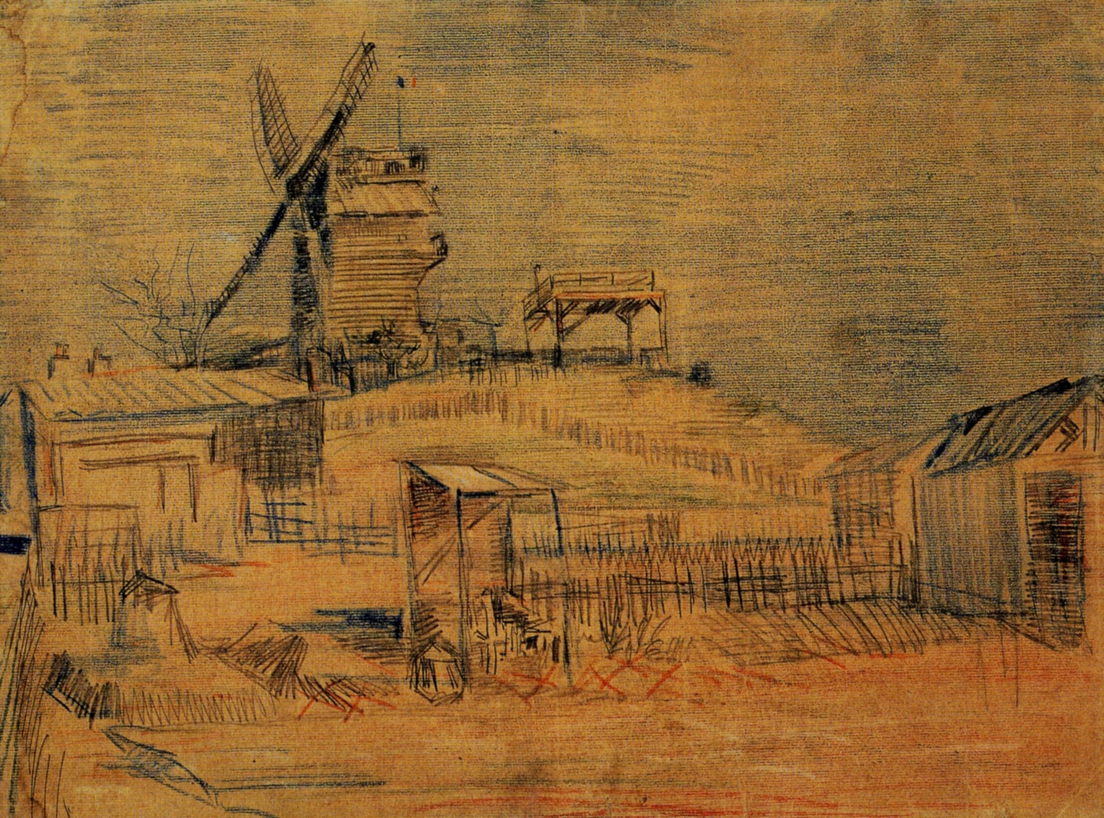 Gardens on Montmartre and the Blute Fin Windmill (1887) Vincent van Gogh tablo - Dekolata