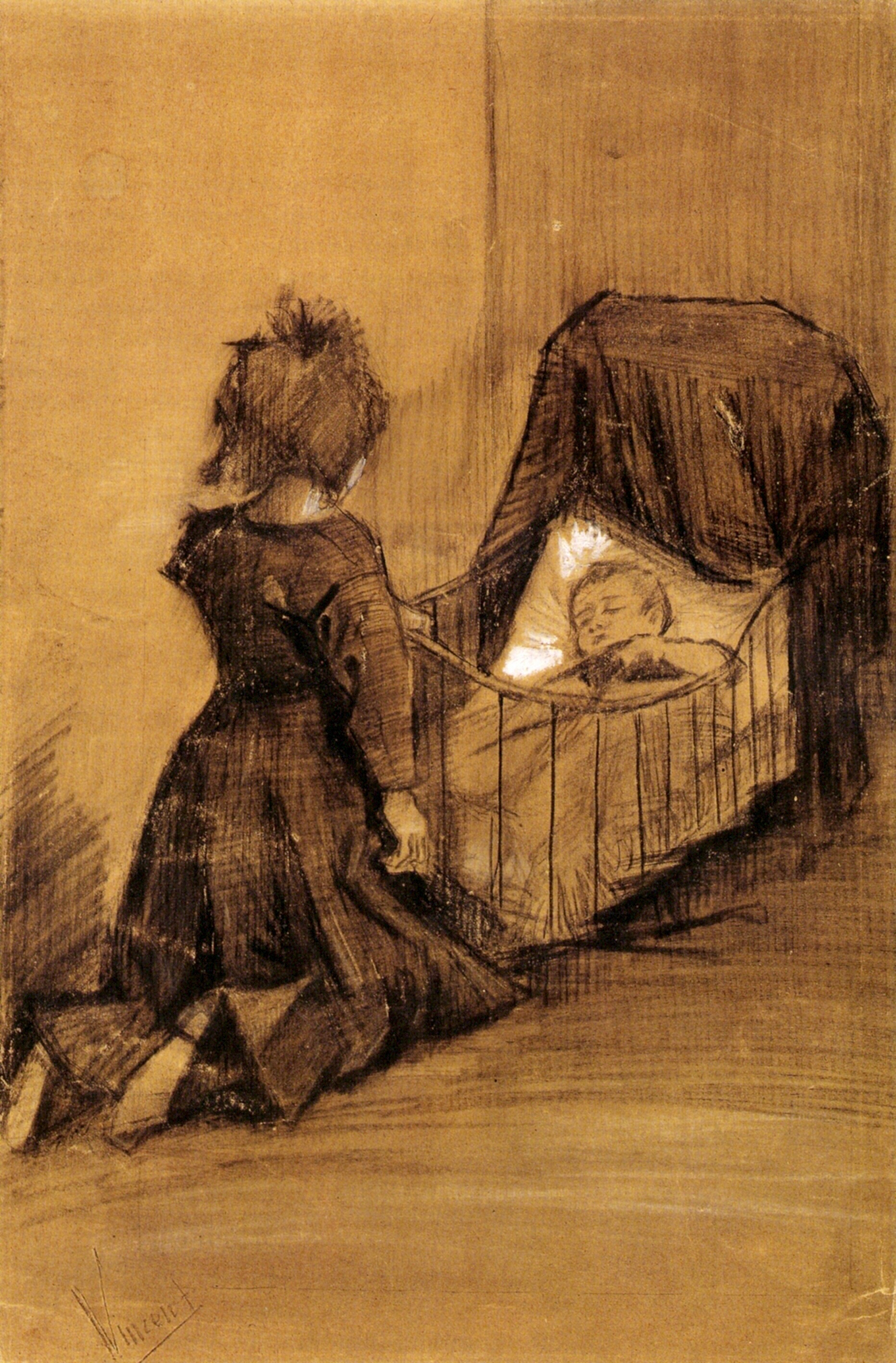 Girl Kneeling by a Cradle (1883) Vincent van Gogh tablo - Dekolata