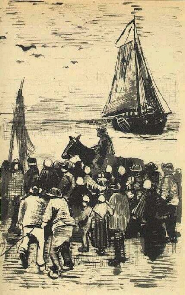 Group of People on the Beach with Fishing Boat Arriving (1882) Vincent van Gogh tablo - Dekolata