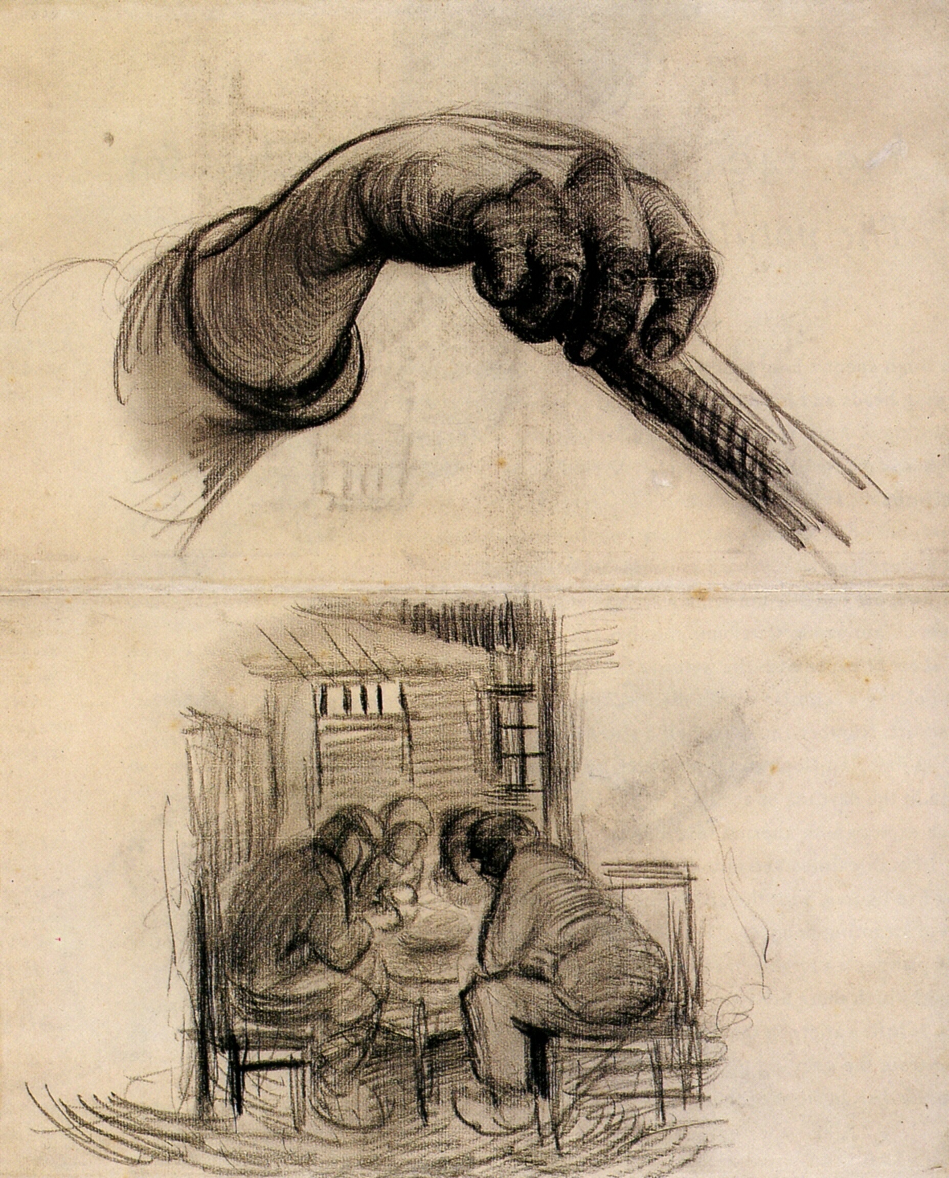 Hand with a Stick, and Four People Sharing a Meal (1885) Vincent van Gogh tablo - Dekolata
