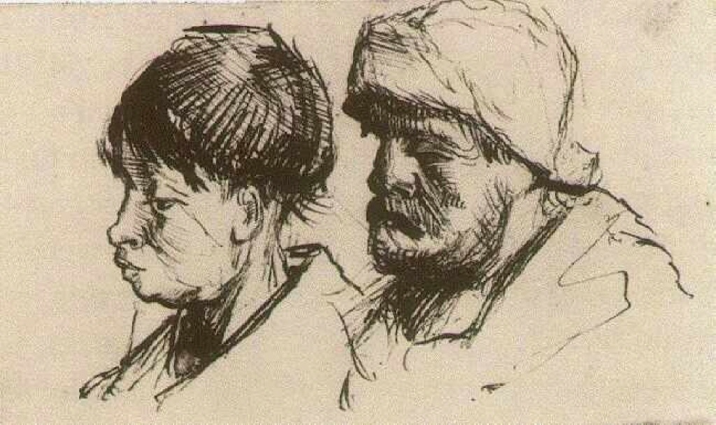 Head of a Girl, Bareheaded, and Head of a Man with Beard and Cap (1884) Vincent van Gogh tablo - Dekolata