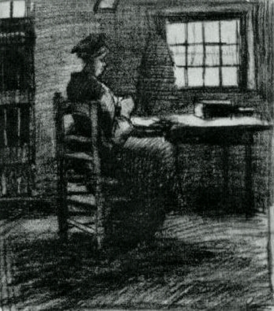 Interior with Peasant Woman Sewing (1885) Vincent van Gogh tablo - Dekolata