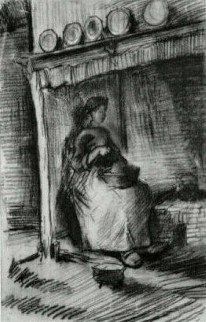 Interior with Peasant Woman Sitting near the Fireplace (1885) Vincent van Gogh tablo - Dekolata
