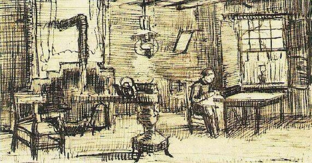 Interior with Woman Sewing (1884) Vincent van Gogh tablo - Dekolata