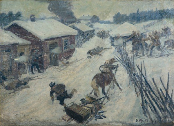An episode from the Civil War. The battle in the village. (1920) Ivan Vladimirov tablo - Dekolata