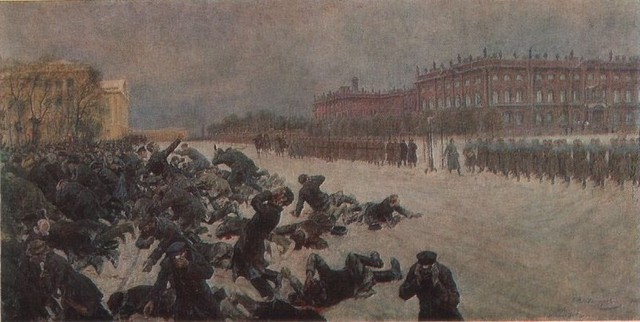 Bloody Sunday. Shooting workers near the Winter Palace January 9, 1905. Ivan Vladimirov tablo - Dekolata