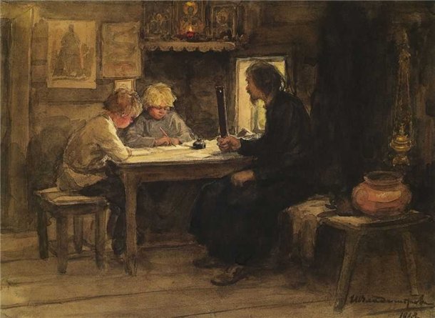 In a lesson of credence with the sexton (1913) Ivan Vladimirov tablo - Dekolata