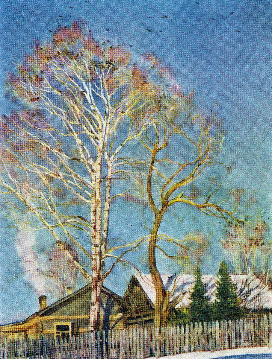 Blue morning. Rooks on the birches. Ligachevo (1930) Konstantin Yuon tablo - Dekolata
