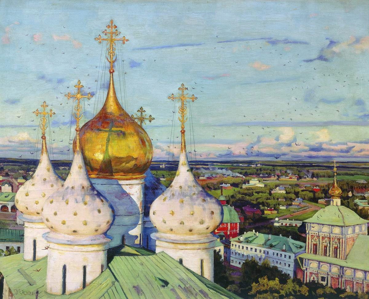 Domes and swallows. Assumption Cathedral of the Trinity Sergius Lavra (1921) Konstantin Yuon tablo - Dekolata