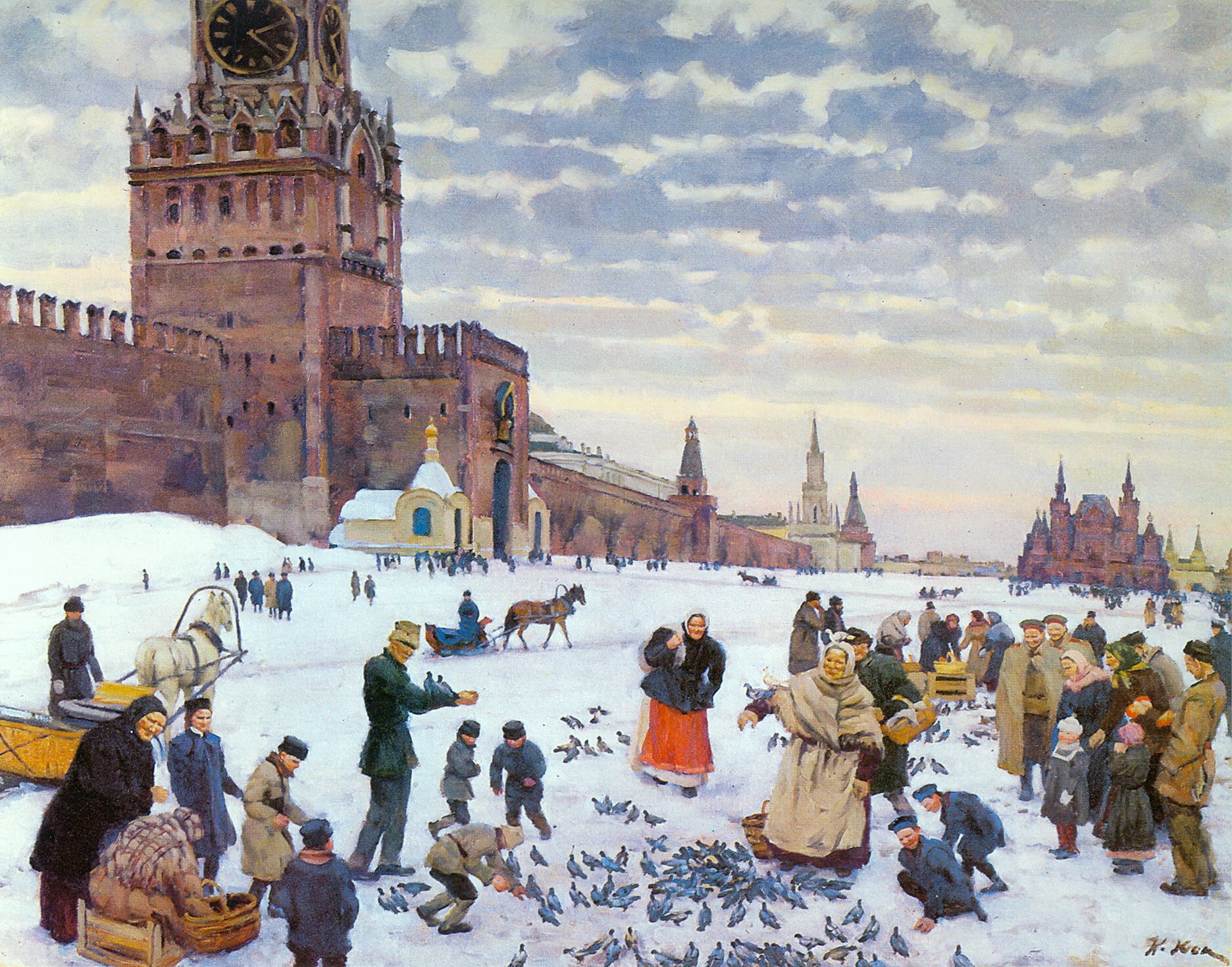 Feeding pigeons in Red Square in the years 1890 (1900-1946) – Konstantin Yuon Tablo