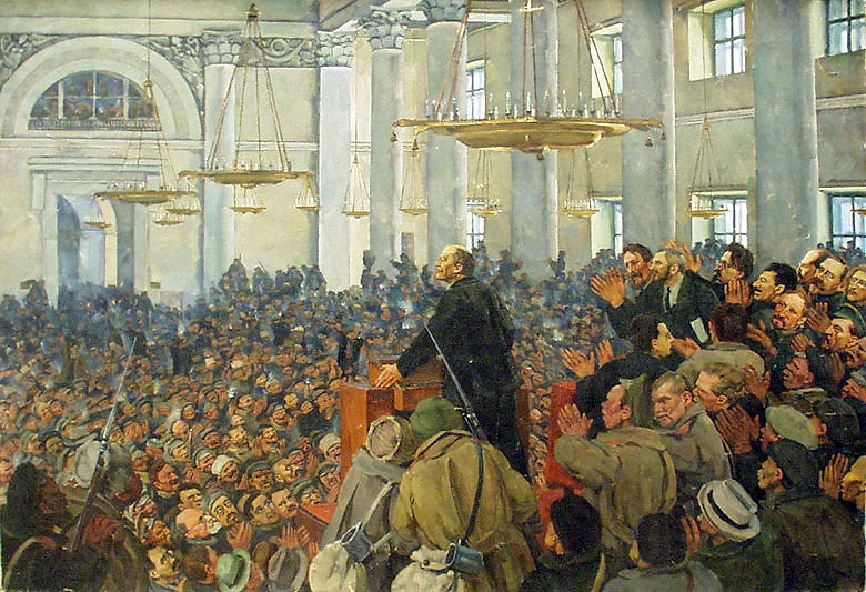 First appearance of Lenin at a meeting in Smolny, the Petrograd Soviet on Oct. 25, (1917-1927) Konstantin Yuon tablo - Dekolata
