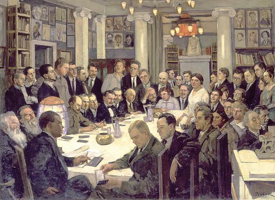 Meeting of the association 'Nikitinsky subbotniks' (1930) Konstantin Yuon tablo - Dekolata