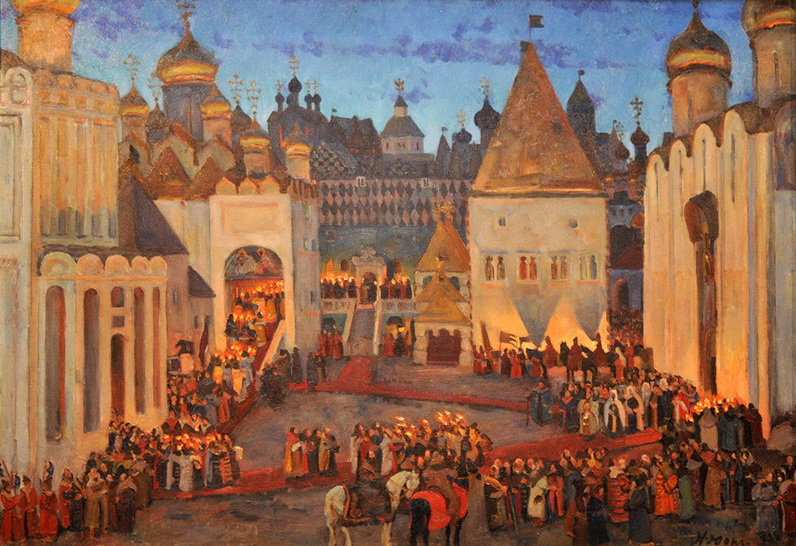 Mikhail Fyodorovitch coronation at 1613. Sobornaya Square. Moscow Kremlin (1913) Konstantin Yuon tablo - Dekolata