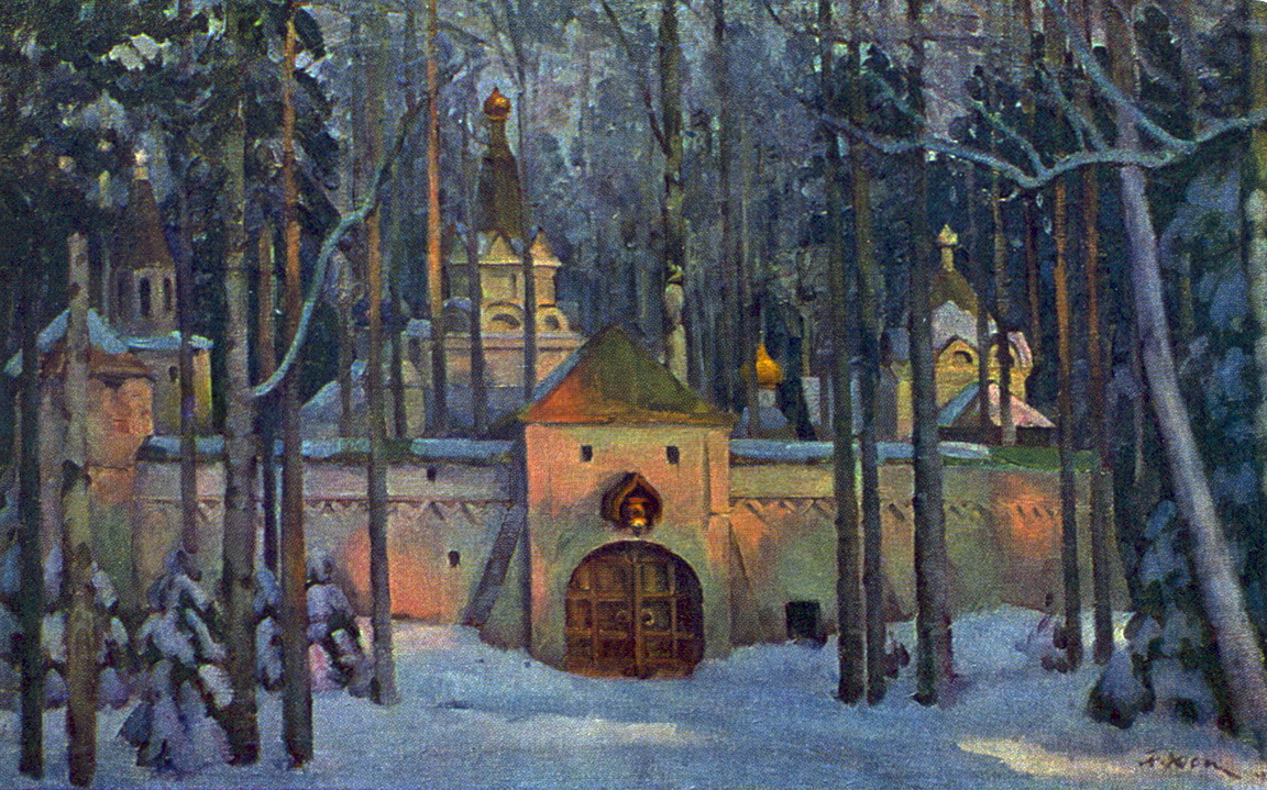 Set Design for Glinka's opera Ivan Susanin. Monastery in the forest (1945) Konstantin Yuon tablo - Dekolata