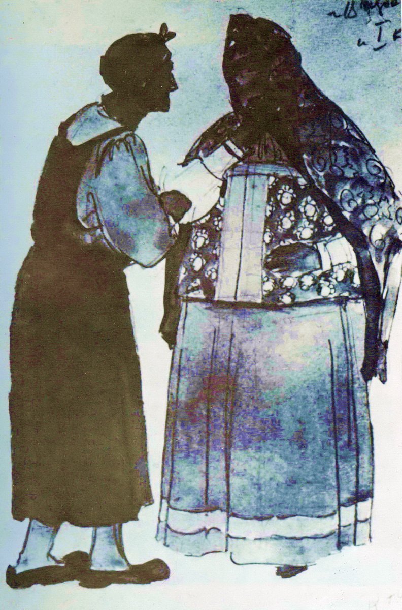 Sketch for Glinka's opera Ivan Susanin. Old woman in the house Susanin (1944) Konstantin Yuon tablo - Dekolata
