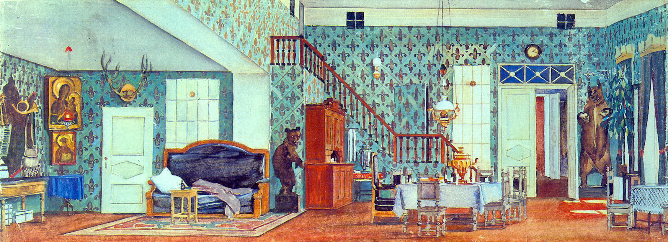 Sketch of Gorky's play 'Egor Bulychov and others'. Green dining (1933) Konstantin Yuon tablo - Dekolata