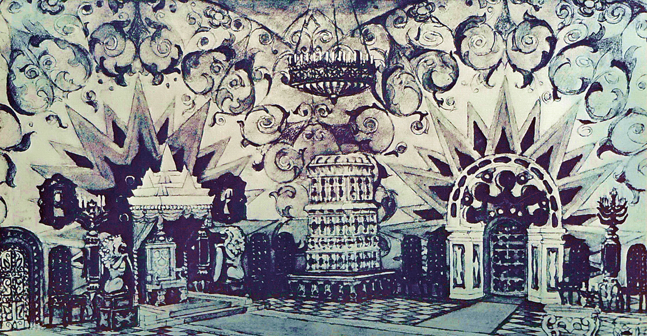Sketch of the comedy tale Marshak 'Woe to fear happiness can not see. Royal chambers (1954) Konstantin Yuon tablo - Dekolata