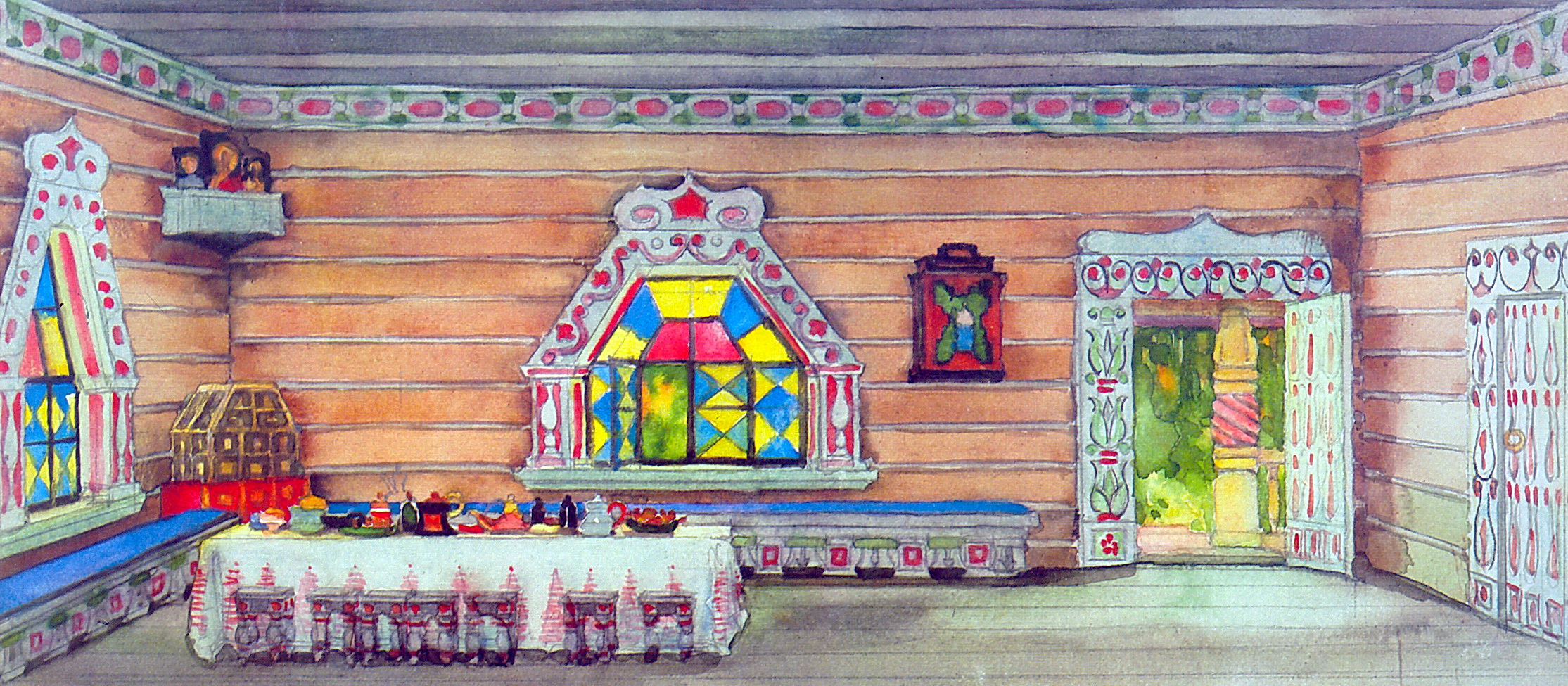 Sketch of the comedy tale Marshak 'Woe to fear happiness can not see.In a rich peasant's hut (1954) Konstantin Yuon tablo - Dekolata