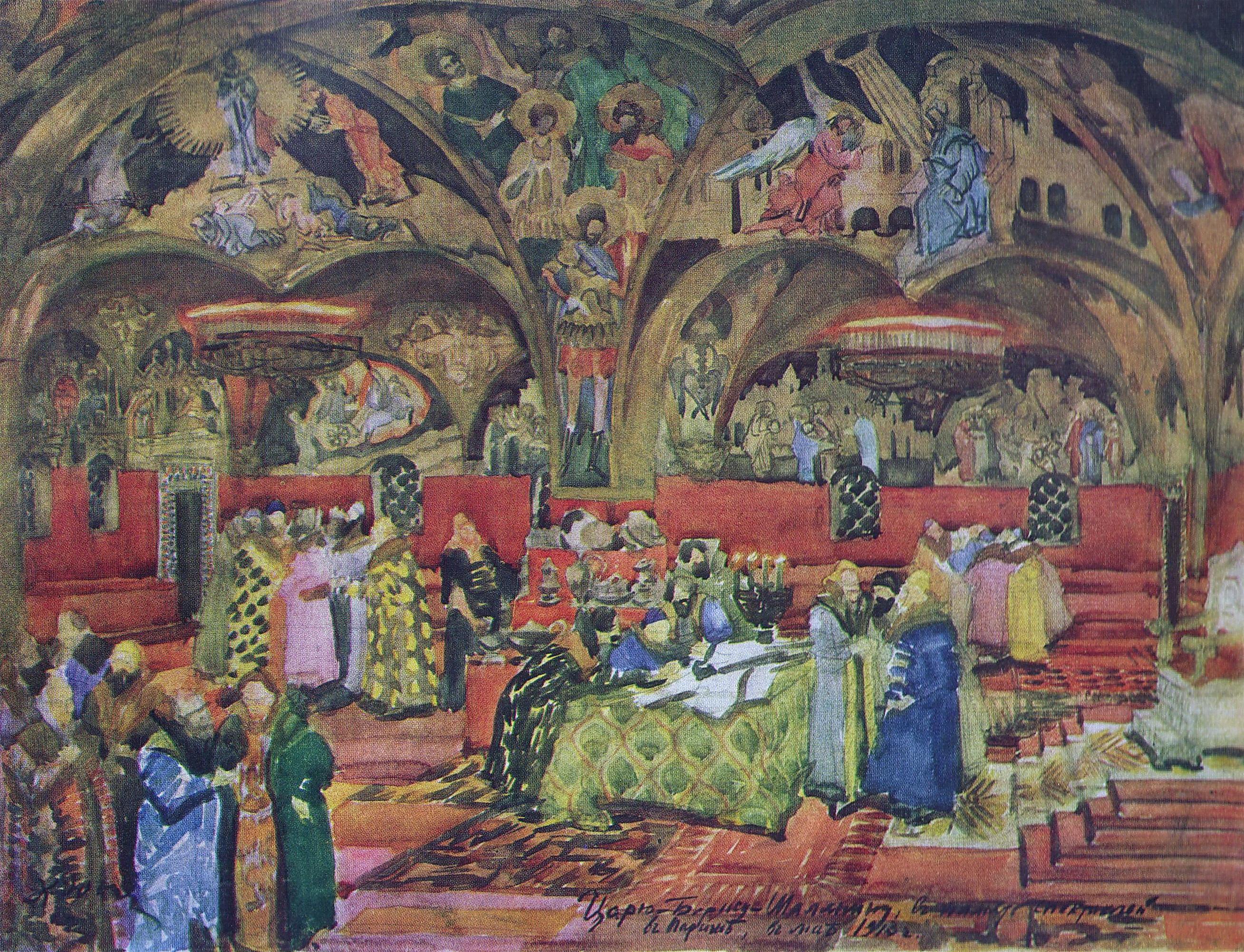 Stage design for Mussorgsky's opera 'Boris Godunov' (1913) Konstantin Yuon tablo - Dekolata