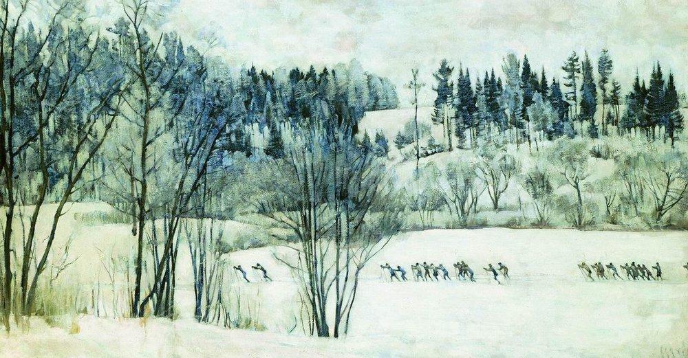 The Ski Excursion (1930) Konstantin Yuon tablo - Dekolata
