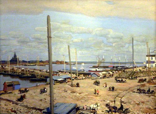The bridge across the Oka River in Nizhny Novgorod (1908) Konstantin Yuon tablo - Dekolata