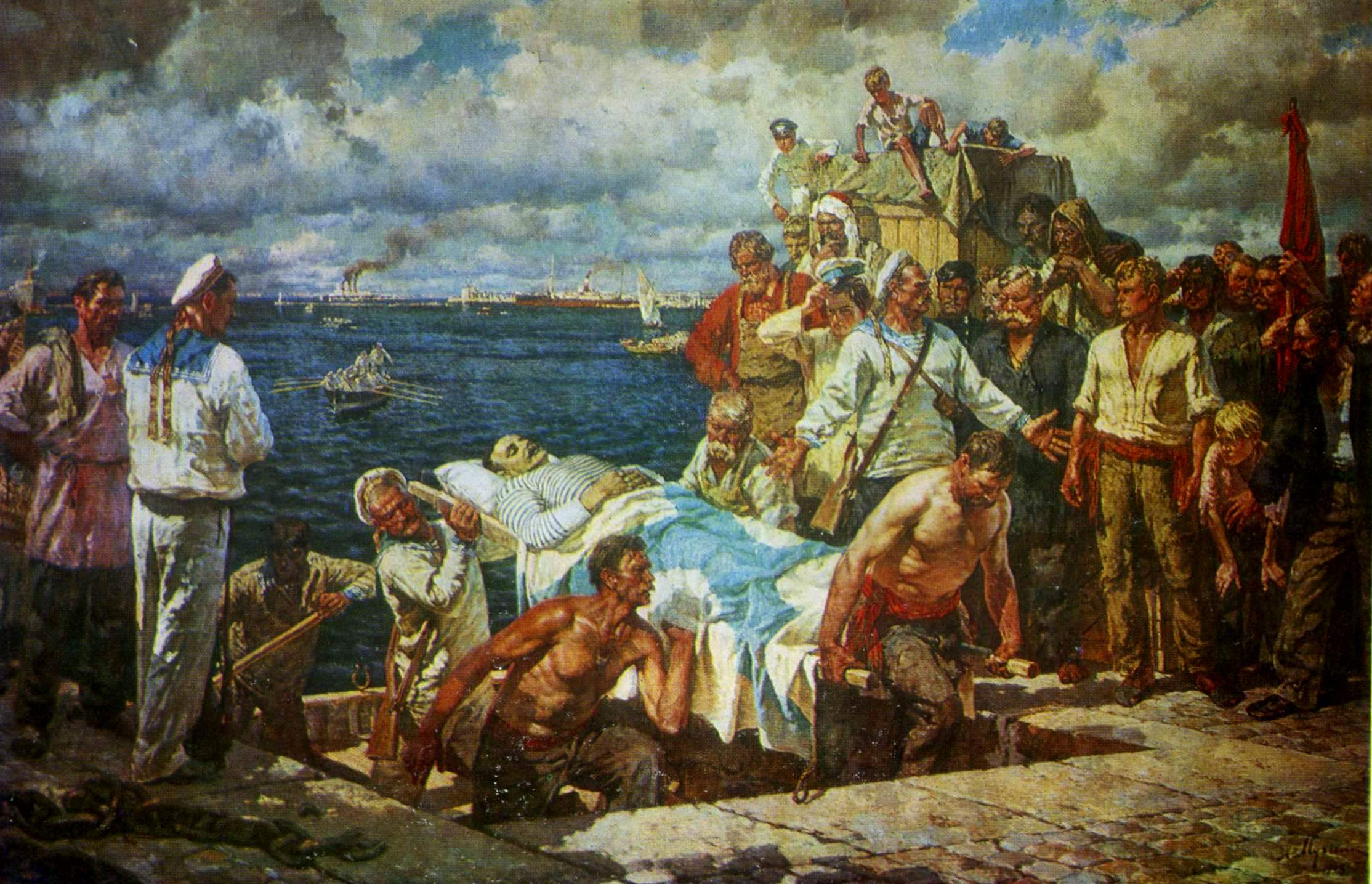 The Rebellious Potemkinites Take the Body of the Murdered Vakulenchuk Ashore (1949) Leonid Muchnyk tablo - Dekolata