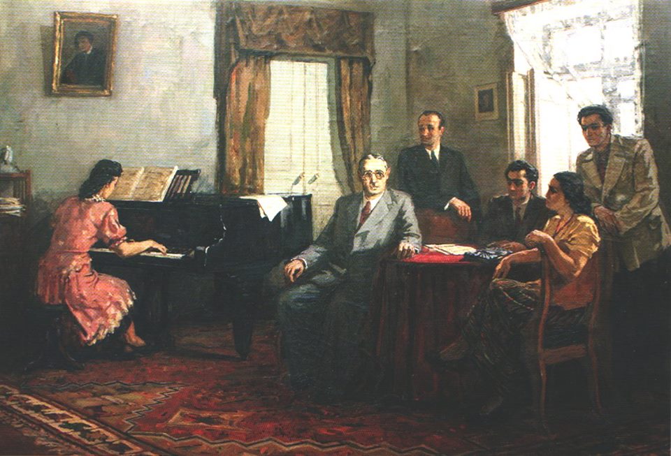 Uzeyir Hajibeyli surounded by azerbaijani composers (1951) Vajiha Samadova tablo - Dekolata