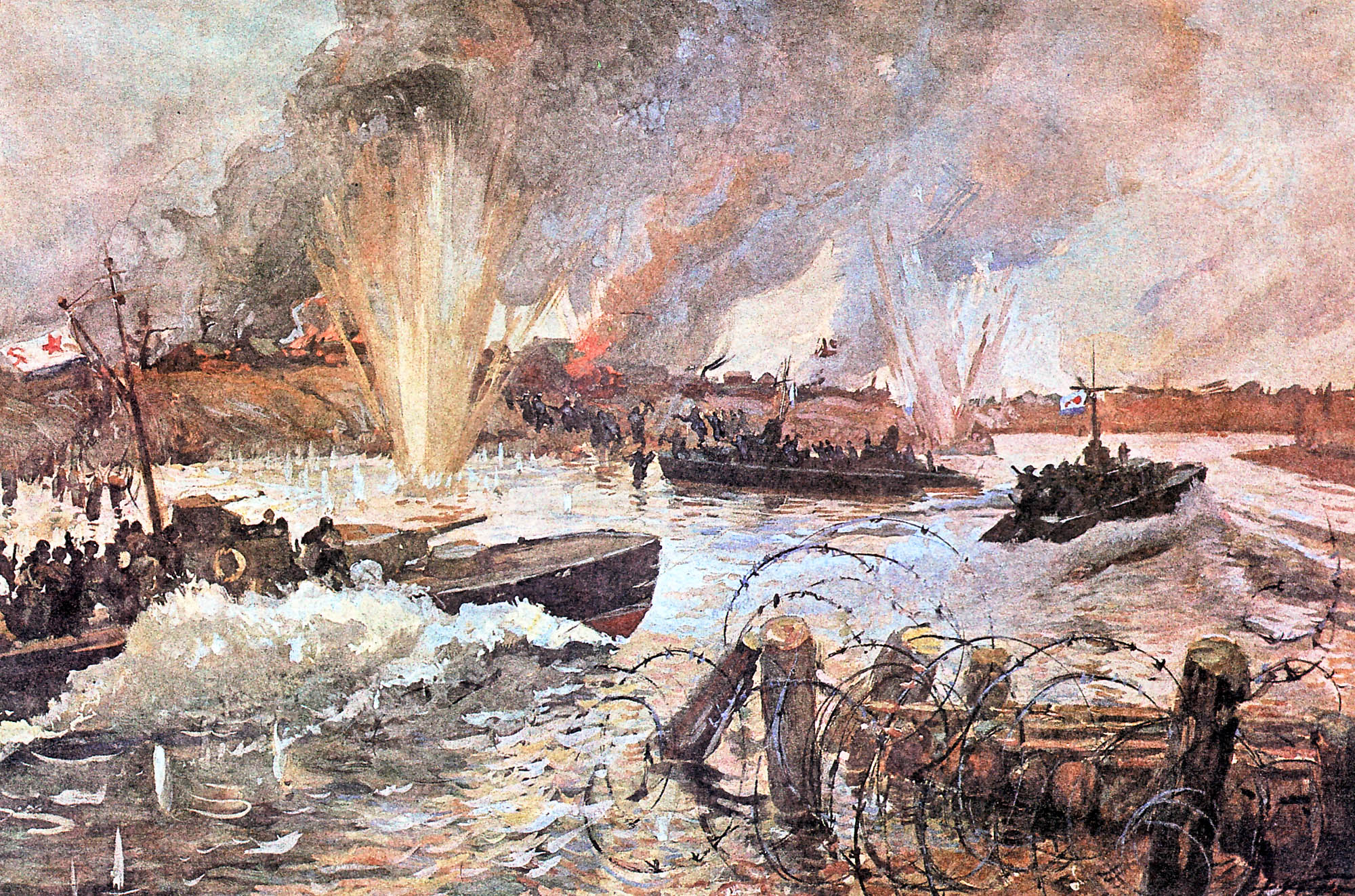 Dnepr flotilla boats on the outskirts of the town of Pinsk Veniamin Kremer tablo - Dekolata
