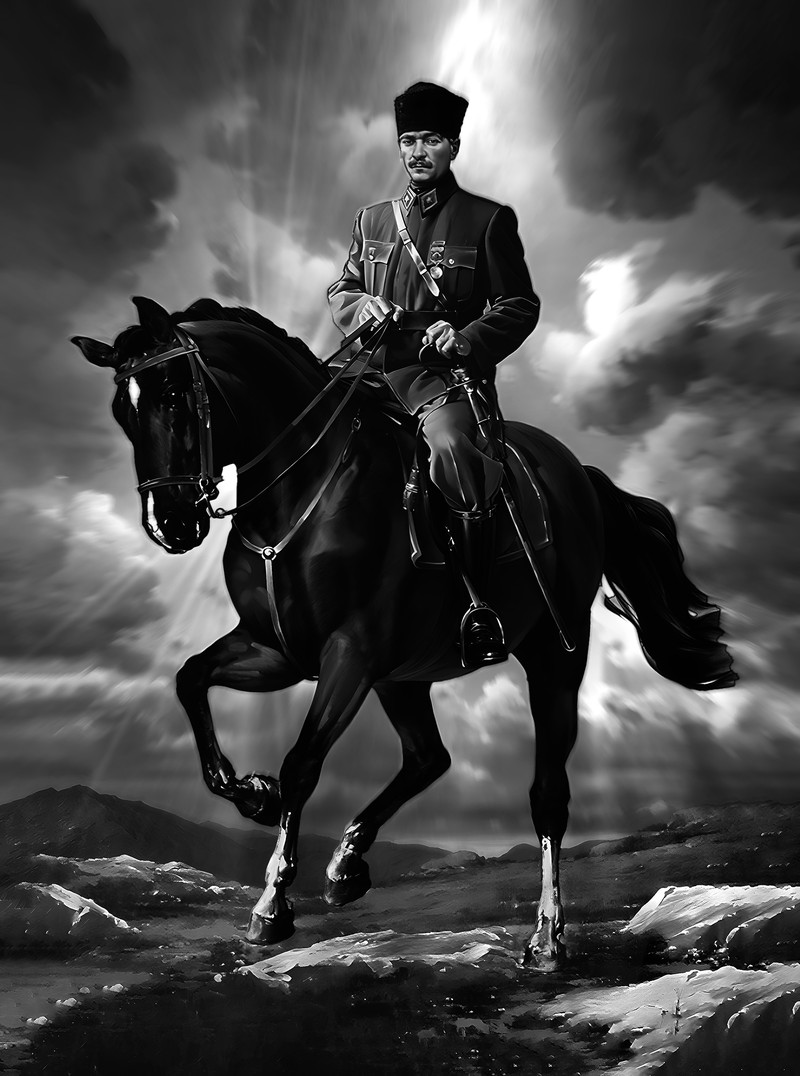 Atlı Atatürk Siyah Beyaz Fırtına Manzarası Tablo - Dekolata