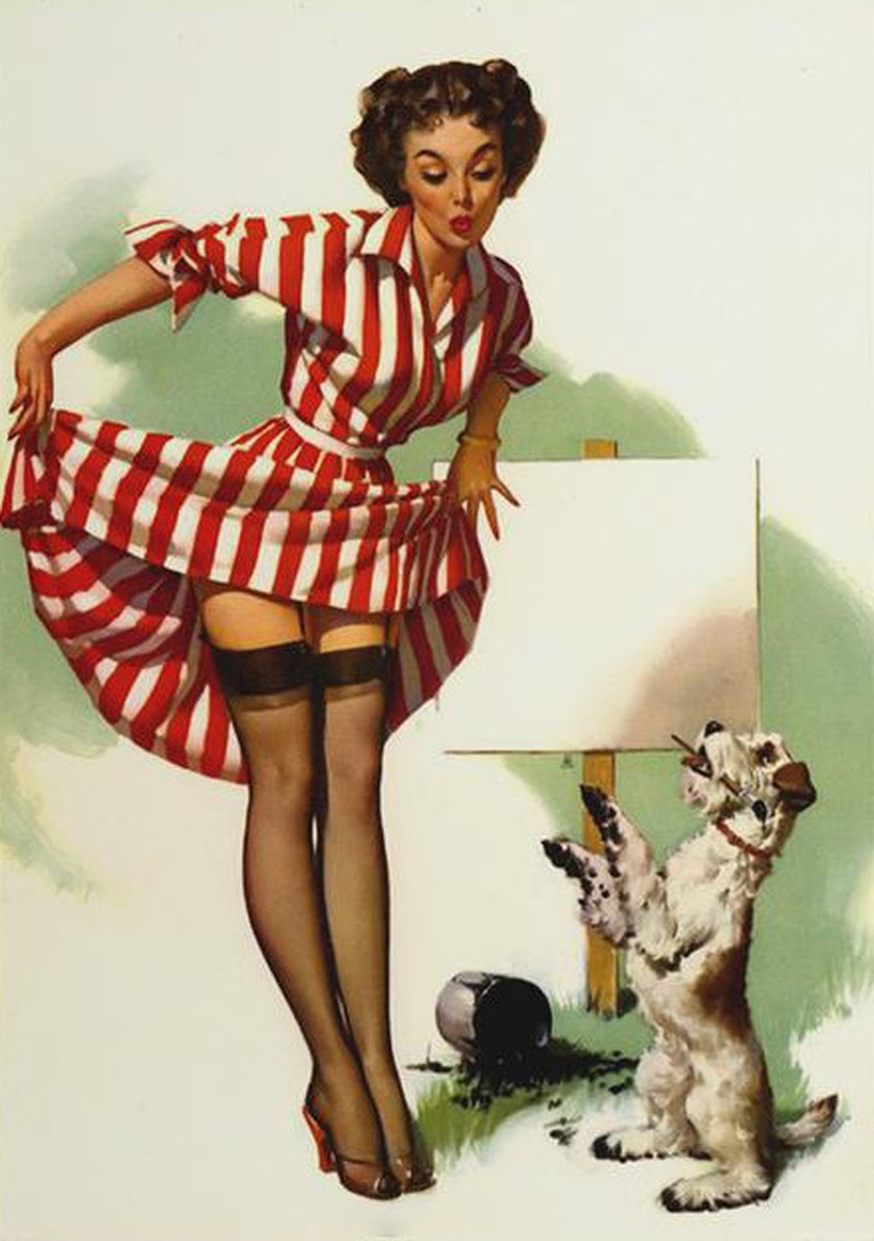Boya Kovası ve Köpekli Pin-Up Kadın İllüstrasyonu Tablo