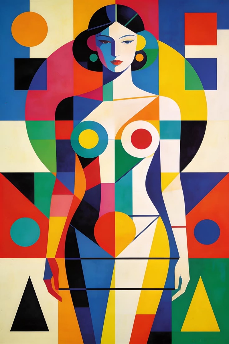 Geometrik Renk Bloklarıyla Art Deco Kadın Figürü Tablo - Dekolata