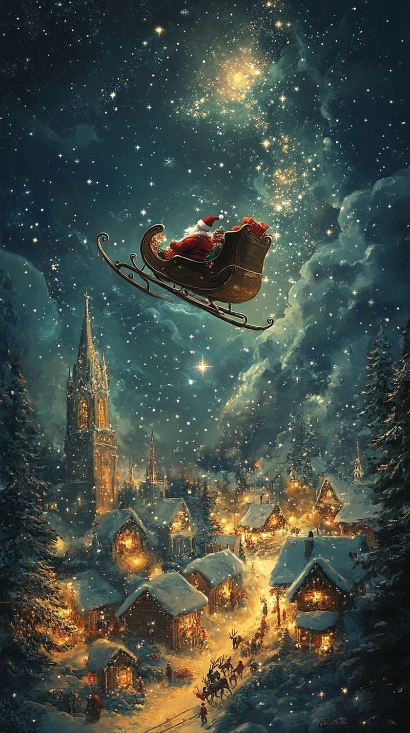 Gökyüzünde Noel Baba ve Kızağı Tablo