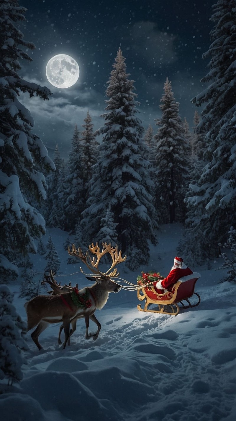Karlı Ormanda Noel Baba ve Ren Geyikleri Tablo