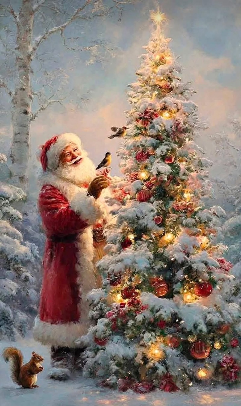 Noel Baba ve Işıklı Yılbaşı Ağacı Tablo - Dekolata