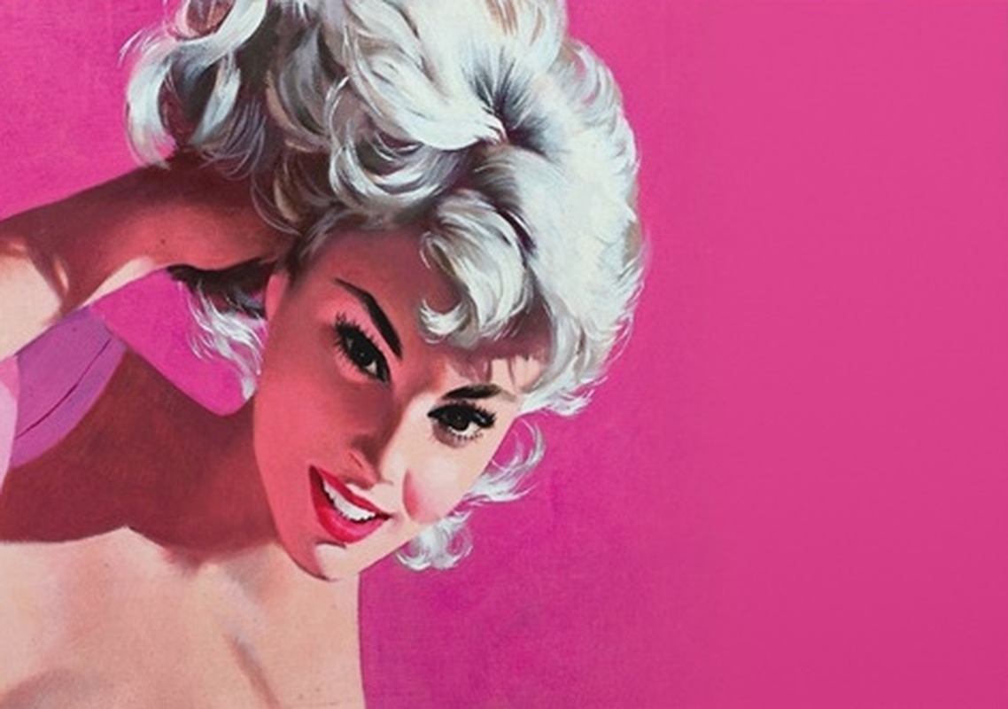 Pembe Fonda Retro Kadın İllüstrasyonu Tablo - Dekolata