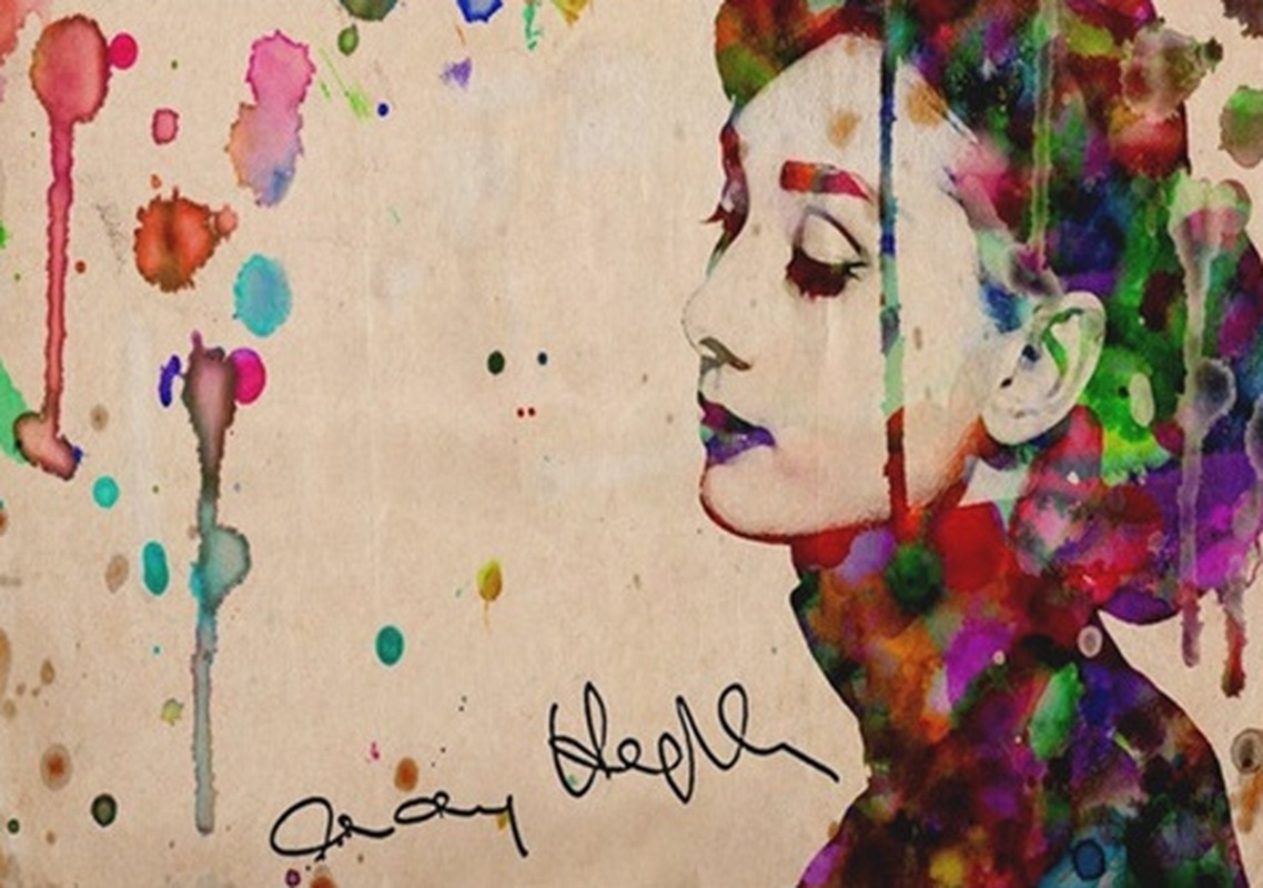 Suluboya Lekeli Audrey Hepburn Profil Portresi Tablo