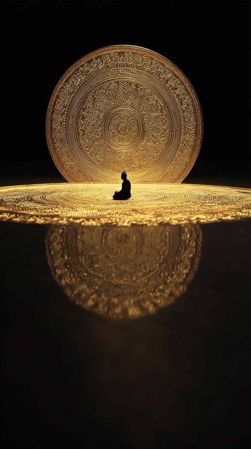 Altın Disk Önünde Meditasyon Yapan Figür Tablo