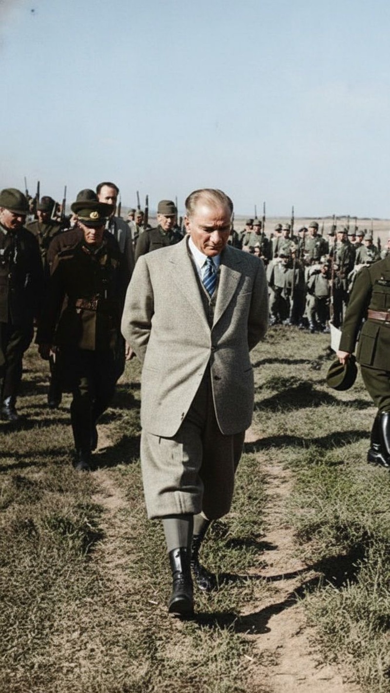 Askerlerin Önünde Yürüyen Atatürk Renklendirilmiş Fotoğraf Tablo