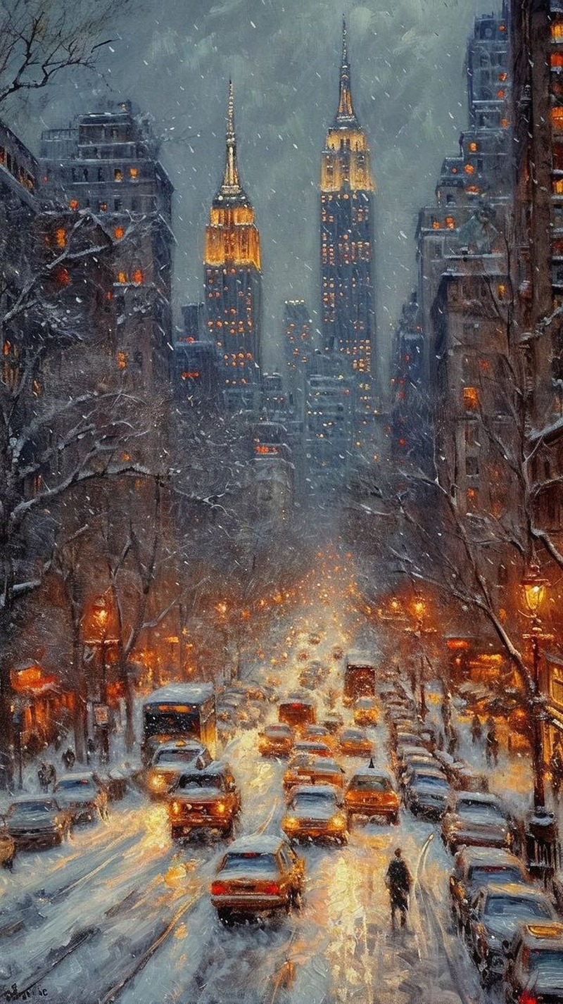 Karlı New York Sokağı ve Trafik Yağlı Boya Manzarası Tablo