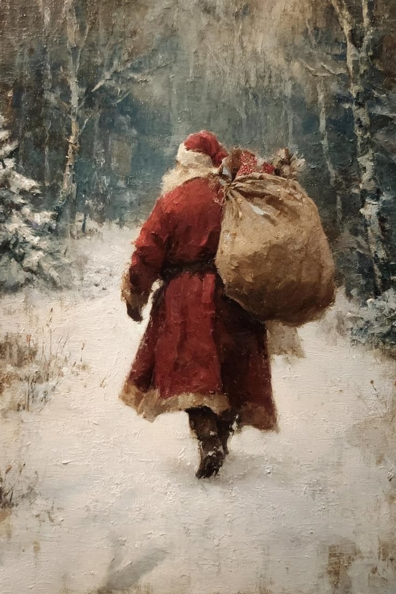 Karlı Ormanda Yürüyen Noel Baba Yağlı Boya Tablo - Dekolata